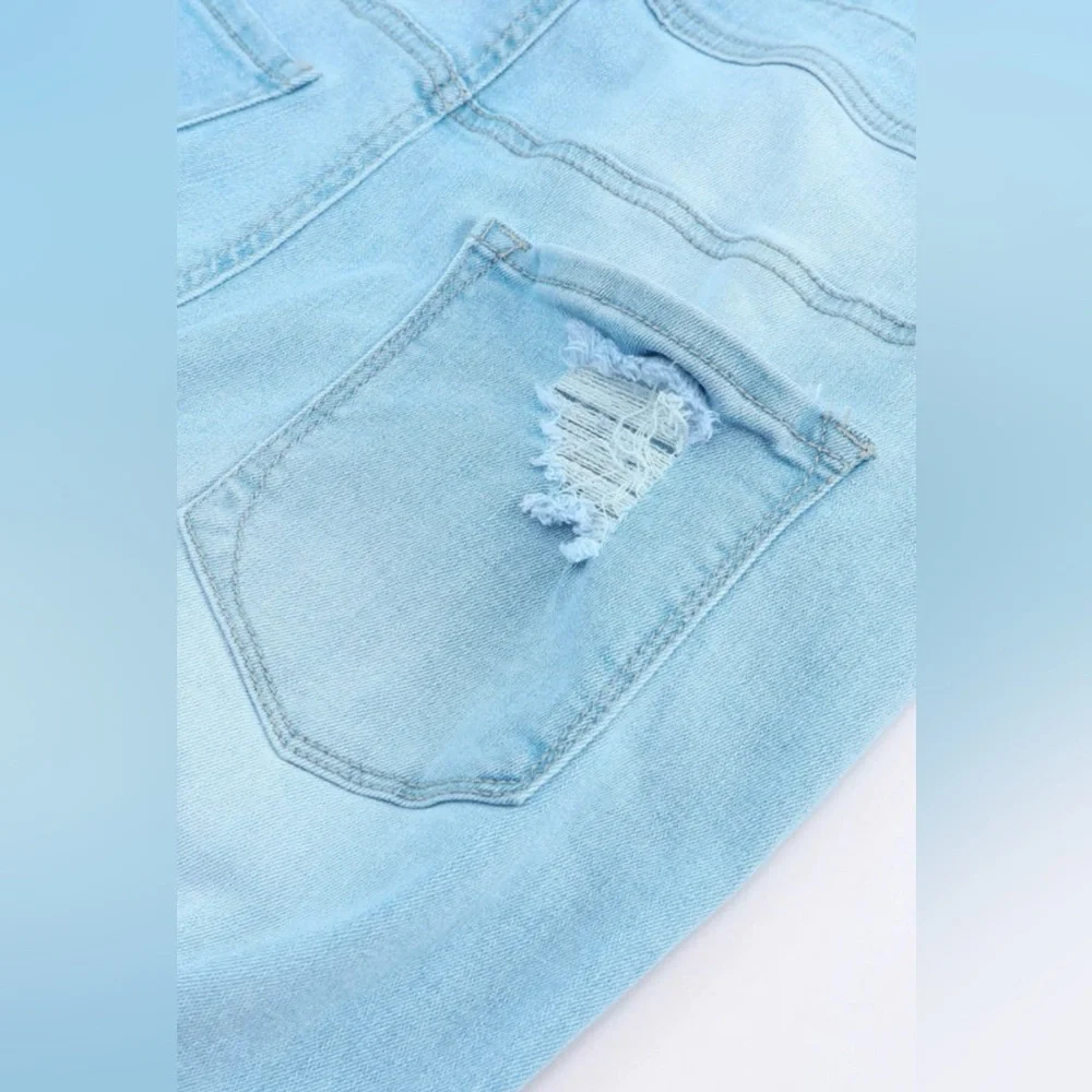 Women's Light Blue Distressed Denim Overalls - Picture 9 of 16